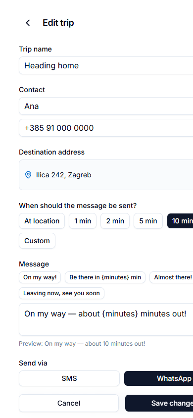 Trip editor with contact, destination address, timing options and message presets.