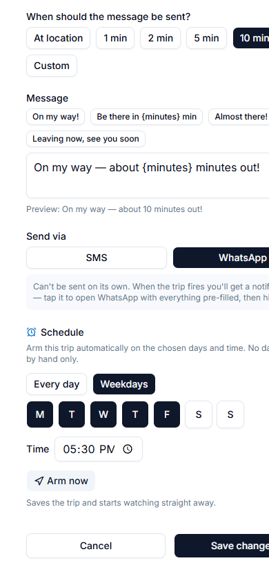Schedule section with weekday buttons and a time picker, plus an Arm now button.