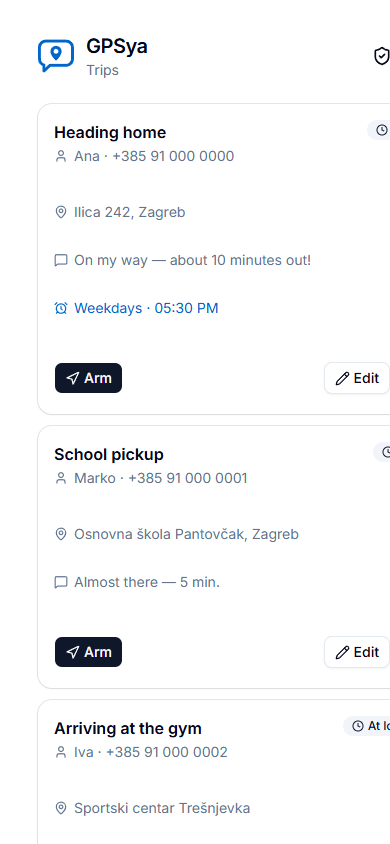 The GPSya trips screen listing three saved trips, each with an Arm button.